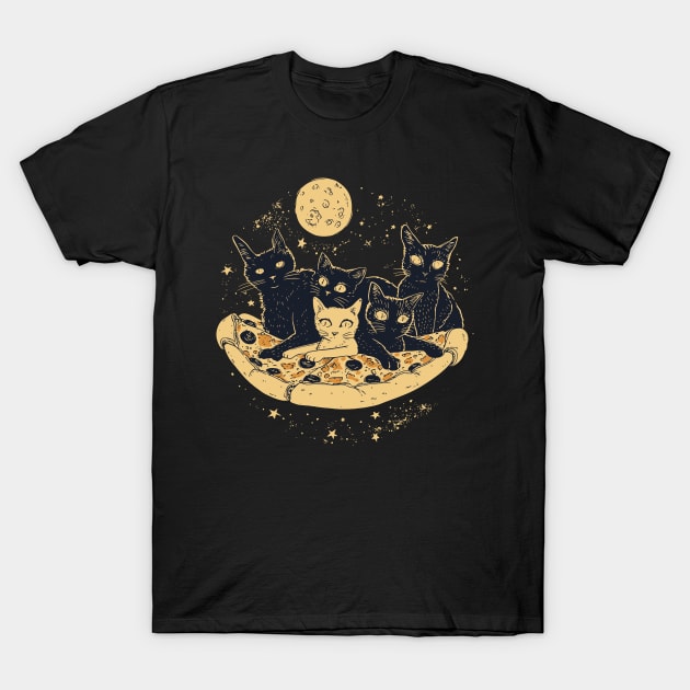 Retro futuristic cats on pizzas in space T-Shirt by DragonDream